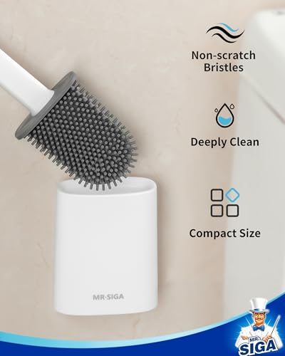 MR.SIGA Toilet Brush and Holder Set, Wall Mounted Toilet Bowl Brush, White | Space saving design, flexible thermoplastic rubber bristles, easily cleans hard to reach areas, pack of 2 - color: White