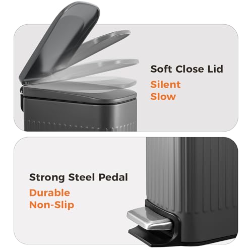 TrashAid Small 1.6 Gallon Stainless Steel Trash Can with Removable Inner Bucket, Grey, Hands Free Step Pedal Design | Removable Inner Bucket, Stainless Steel Garbage Can, Small Wastebasket for Toilet/Office/Bedroom, Retro Design, Odor Control - color: Gre