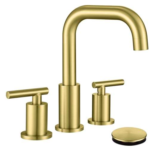 ChiLDano Brushed Gold Bathroom Faucets 3 Hole with Drain and Supply Hose | 2 Handles Brushed Gold Widespread Bathroom Faucet for Sink 3 Hole, 8 inch Bathroom Sink Countertop Faucet Matte Gold CH3166BG - color: Brushed Gold