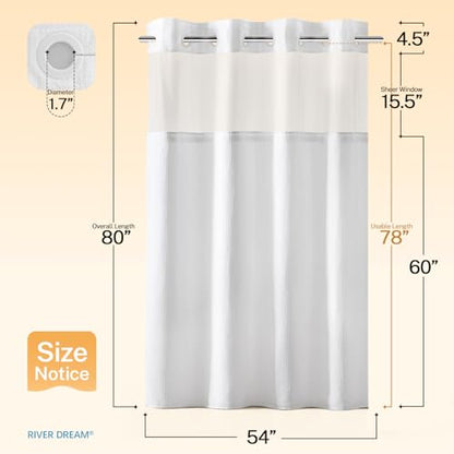 RiverDream Heavyweight Waffle No Hook Shower Curtain with Liner,White,54x80 | Dotted Waffle,Snap-in Liner,Heavy Duty,Quick Dry,Mesh Top Window,With Bottom Magnets,Hotel-Grade,Washable,Stall Long Size - color: White, size: 54"W x 80"L (Pack of 1)