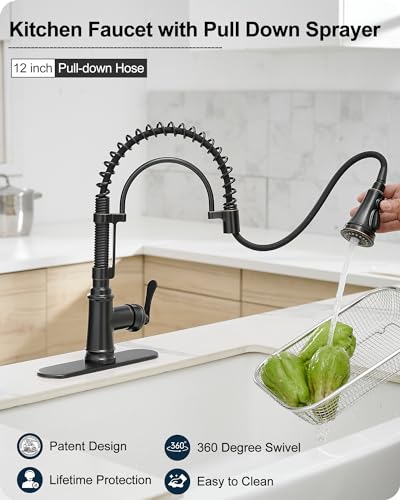3 Modes Bronze Kitchen Faucet with Pull Down Sprayer, Single Hole Kitchen Sink Faucet 3 Hole, Stainless Steel High Arc Spring Style, 360 Degree Swivel with One Handle & Deck Plate for Farmhouse - color: Oil Rubbed Bronze - Antique