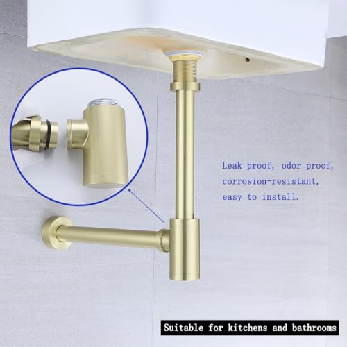 Bottle P Trap Brushed Gold 1 1/4 with 11.81 inch Slip Joint Extension Tube For Basin Sink Waste Drain Solid Brass P Trap Kit,SW-83888BG-L. - color: T03-Brushed Gold