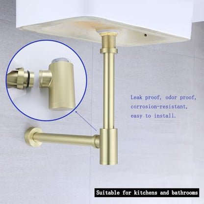 Bottle P Trap Brushed Gold 1 1/4 with 11.81 inch Slip Joint Extension Tube For Basin Sink Waste Drain Solid Brass P Trap Kit,SW-83888BG-L. - color: T03-Brushed Gold