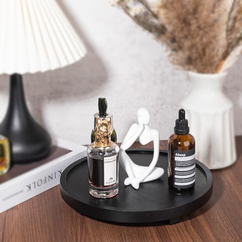 Round Decorative Tray Wood Bathroom Counter Organizer Farmhouse Kitchen Decor Wooden Riser for Soap Dish, Perfume, Candle, Sponge, 10" - Black | Waterproof, Lightweight, Easy Clean, Wood Riser Pedestal Stand Accessories for Office Desk, Vanity, Counter, S
