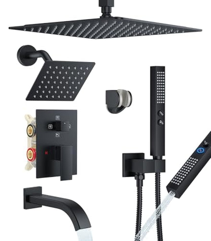Rain Shower System with Rough-in Valve, Ceiling Mount Shower Faucet Set with 12" & 6" Dual Rain Shower Heads, 2-in-1 Handheld Shower, Tub Spout, 4-Function Complete Shower Fixture, Matte Black - color: Matte Black, size: Ceiling Mount-12"+6" head with Tub