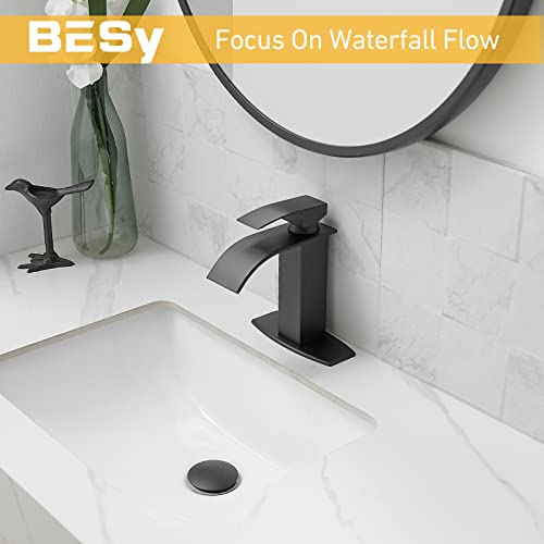 Bathroom Faucet 1 Hole Single Waterfall Vanity Sink Faucet Matte Black | One Hole Bathroom Sink Faucet, Square Single Handle, 6 Inch Deck Plate For 3 Hole, Supply Line, Pop-up Drain,Fits RV Restroom - color: Matte Black, style: Short - With Pop Up Drain