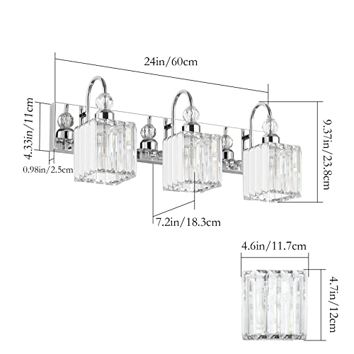 Ralbay Chrome Crystal Bathroom Vanity Light - 3-Lights, 24" Modern Wall Light Fixtures - color: Square-Chrome, size: 3-light