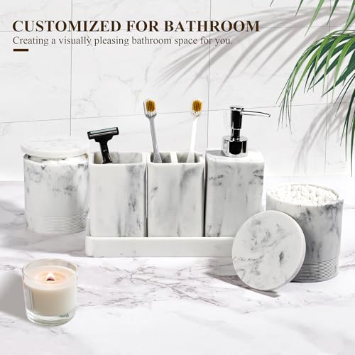 Bathroom Accessories Set, 6 Piece Soap Dispenser Set - Marble White | Bathroom Set with Toothbrush Holders, Soap Dispenser, Vanity Tray, Tumbler, Cotton Swab Jars, Bathroom Organizer and Storage - color: White