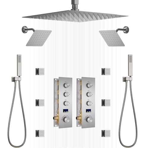 Dual Shower Mixer 6 Way Full Body Shower Head System Rain 12+8+8 Inch With Wall Mount 6 Pcs Jets 2 Handheld Shower Diverter Valve Digital Display Fauct Set, Brushed nickel - color: Brushed Nickel