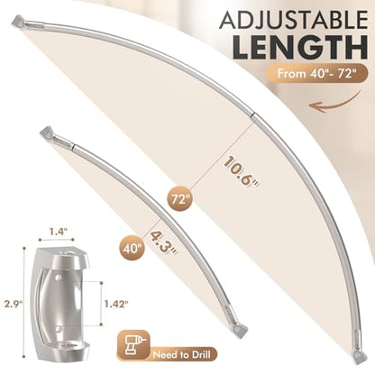 Curved Shower Curtain Rod for Bathroom, 40-72 Inches Adjustable Shower Rod | Rustproof Shower Curtain Rod with Rotating Brackets for Extra 30% Large Shower Space, 0.9MM thickness, Need to Drill, Chrome - color: Chrome