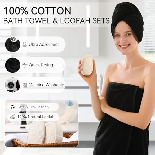 Resin Black Bathroom Sets, Black Bathroom Accessories Set with Shower Curtain, Bath Towel Set, Natural Loofah Sponge, Soap Dispenser, Toothbrush Holder, Bathroom Tumbler and Tray for Countertop - size: Bath Set+Shower Curtain+Towel Set+2PCS Loofah, style: