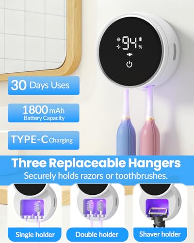 Toothbrush Sanitizer and Holder, Toothbrush Holders for Bathroom, Tooth Brush Wall-Mounted Cleaner Organizer with Auto-Inductive Cover, Air Drying Fits Most Electric, Manual and Kids’ Toothbrushes - size: Standard