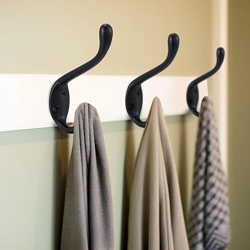 Coat Hooks 5 Pack - Heavy Duty Wall Mounted Two Prongs Double Hooks Matte Black Door Hooks for Hanging Clothes/Towels - Sturdiness Design with Better Mounting System - color: Matte Black
