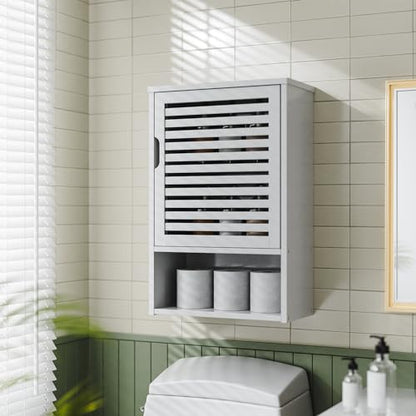 HITNET Bathroom Cabinet Over Toilet, White Medicine Cabinet, Hanging Cupboard with Single Door and Open Bottom Shelf, Wall Mounted Bamboo Storage Organizer - color: White