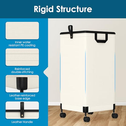 2Pcs Laundry Basket With Wheels 105L, Large Rolling Laundry Hamper With Removable Bag, Metal Frame Collapsible Dirty Clothes Bin, Cloth Organizer Hampers Pull Handle For Bathroom, Dorm, Bedroom White - color: White - 2 Pack
