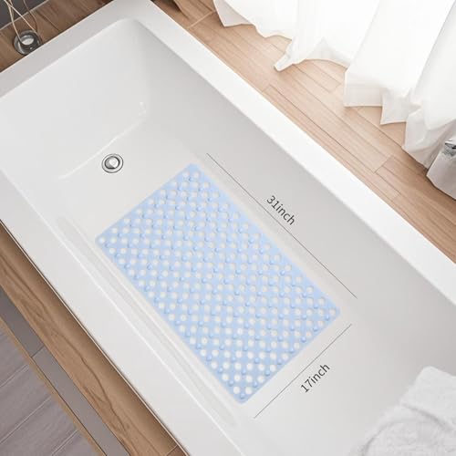 Non Slip Bathtub Mat and Shower Mat 31x17 inch,Bath Mat with Quick Dry Drain Holes and Suction Cups, Soft Comfortable Safe Bathroom Mat for Bath Tub, Floor, Tile (Light Blue) - color: Light Blue