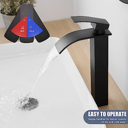 RUMOSE Tall Bathroom Faucet Vessel Sink Faucet with Drain, Matte Black | Modern Single Handle One Hole Bathroom Faucet Waterfall Rv Lavatory Vanity Faucet Mixer Tap, Pop Up Drain, Stainless Steel - color: Matte Black