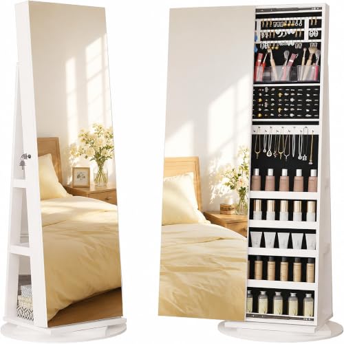 Standing Jewelry Cabinet with Sliding Full Length Mirror, White | 360° Swivel Mirror with Jewelry Storage, Lockable Jewelry Armoire Organizer with 3 Rear Shelves for Bedroom, Gift for Women - color: White