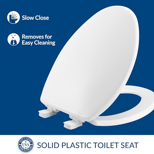 Bemis Slow Close Elongated Toilet Seat, Easy Clean Hinges, White | Soft close lid never slams, quick-release hinges for deep cleaning, durable plastic, fits all elongated toilets, 7300SLEC - size: Elongated, style: Slow Close