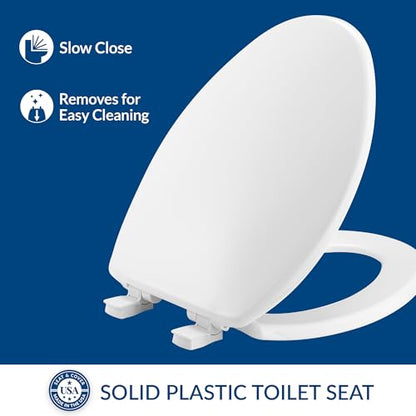 Bemis Slow Close Elongated Toilet Seat, Easy Clean Hinges, White | Soft close lid never slams, quick-release hinges for deep cleaning, durable plastic, fits all elongated toilets, 7300SLEC - size: Elongated, style: Slow Close