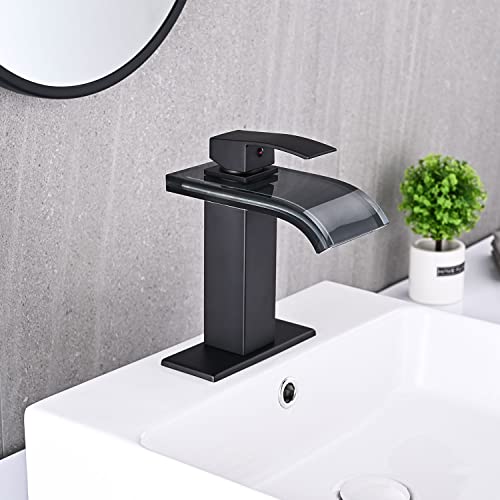 AVSIILE LED Bathroom Sink Faucet, Matte Black Waterfall Single Hole Handle Vanity Faucets for Sinks 1 Hole with Metal Pop Up Drain and 2 Water Supply Lines, Wide Glass Spout - color: Matte Black
