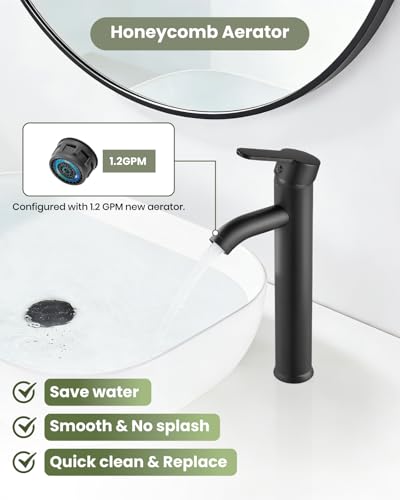 gotonovo Bathroom Vessel Sink Faucet Metal Pop Up Drain, Matte Black | Tall Bathroom Faucet 1 Hole Single Handle Modern Round Body, cUPC Water Supply Hoses, for Basin Vanity Lavatory Restroom Rv - color: Black