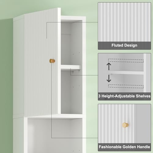 Qupui Fluted Bathroom Wall Cabinet, 31.5" 4-Tier Medicine Cabinet, White | Fluted Door Panels. Adjustable Shelf. Dual-zone Storage With Doors And Open Shelf. Wall-mounted. Engineered Wood