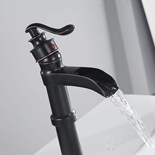 Oil Rubbed Bronze Vessel Sink Faucet Single Hole Bathroom Faucet Waterfall | Farmhouse Single-Handle,Deck Mount,Bowl Tall Body,with Supply Hose,Fits Non-Overflow Sinks,Hot/Cold Mixer - color: Oil Rubbed Bronze