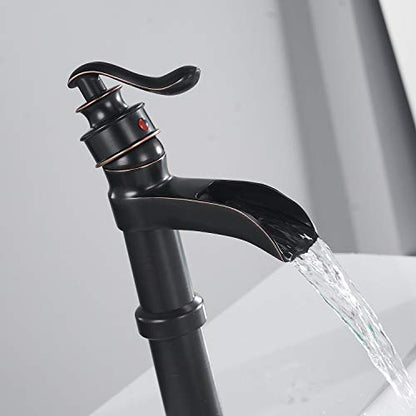 Oil Rubbed Bronze Vessel Sink Faucet Single Hole Bathroom Faucet Waterfall | Farmhouse Single-Handle,Deck Mount,Bowl Tall Body,with Supply Hose,Fits Non-Overflow Sinks,Hot/Cold Mixer - color: Oil Rubbed Bronze