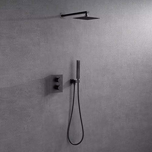 Thermostatic Rain Shower System, Concealed Matte Black Combo Set Wall Mounted Faucet with Rainfall Head, Handheld