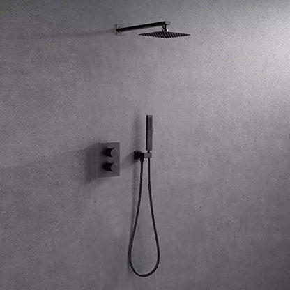 Thermostatic Rain Shower System, Concealed Matte Black Combo Set Wall Mounted Faucet with Rainfall Head, Handheld