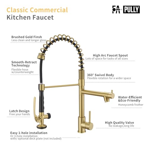Fapully Commercial Brushed Gold Kitchen Faucet with Pull Down Sprayer | High-Pressure Flow,1.8 GPM Kitchen Faucet Single Handle Spring Faucets for Kitchen Sink - color: Brushed Gold, style: Classic