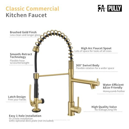 Fapully Commercial Brushed Gold Kitchen Faucet with Pull Down Sprayer | High-Pressure Flow,1.8 GPM Kitchen Faucet Single Handle Spring Faucets for Kitchen Sink - color: Brushed Gold, style: Classic