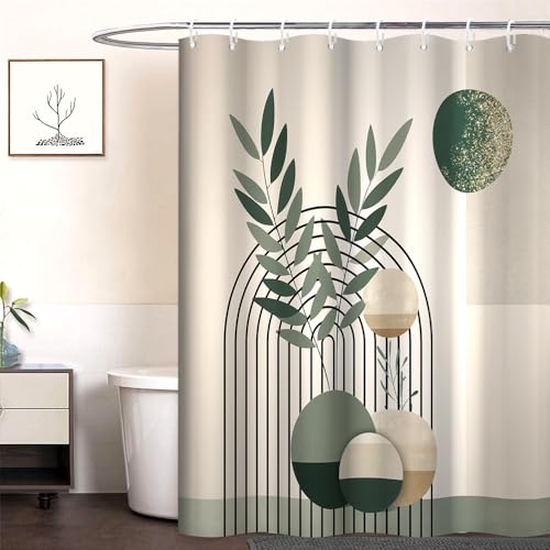 Mid Century Sage Green Shower Curtain for Bathroom 72x72 Inch | Waterproof Abstract Green and Beige Shower Curtain Set with Hooks, Mid Century Bathroom Decor - color: Abstract 041, size: 72"W x 72"L (Pack of 1)