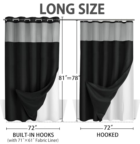 No Hook Shower Curtain with Liner Set Hotel Waffle Curtain Black 72W X 81L | Washable Snap in Fabric Liner, Mesh Top Window, Waffle Hotel Style Shower Curtain Set - color: Black, size: Long 72"W x 81"L