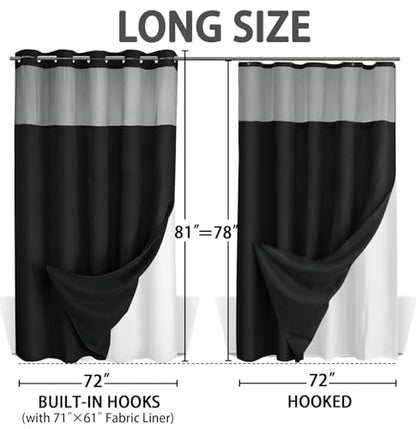 No Hook Shower Curtain with Liner Set Hotel Waffle Curtain Black 72W X 81L | Washable Snap in Fabric Liner, Mesh Top Window, Waffle Hotel Style Shower Curtain Set - color: Black, size: Long 72"W x 81"L