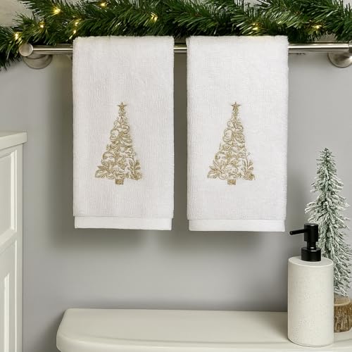 Decorative Christmas Theme Towel Set: Luxury Bathroom Plush Velour Cotton Hand Towels of Gold Embroidered Tree, Set of 2 - color: Gold Tree