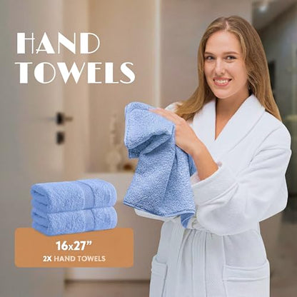 White Classic Light Blue Bath Towel Set of 6-100% Cotton Highly Absorbent Towels for Bathroom, 2 Luxury Bath Towels 650GSM, 2 Hand Towels, 2 Washcloths - color: Light Blue
