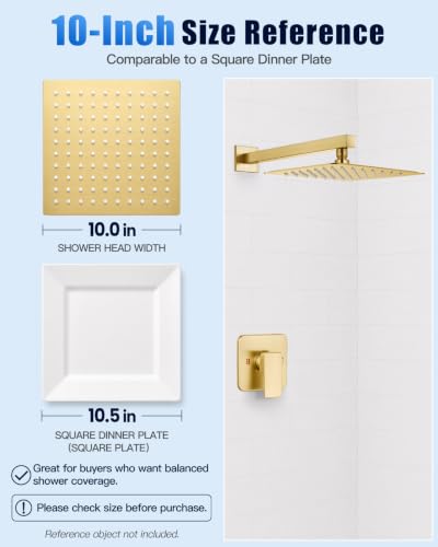 Heyalan 10 Inch Square Rain Shower Faucet Set with Valve, Brushed Gold | Female-thread 1/2-inch NPT connections, SUS304 shower head, brass rough-in valve, single-handle control Shower Set - color: Gold, size: 10 Inch Square Shower Head