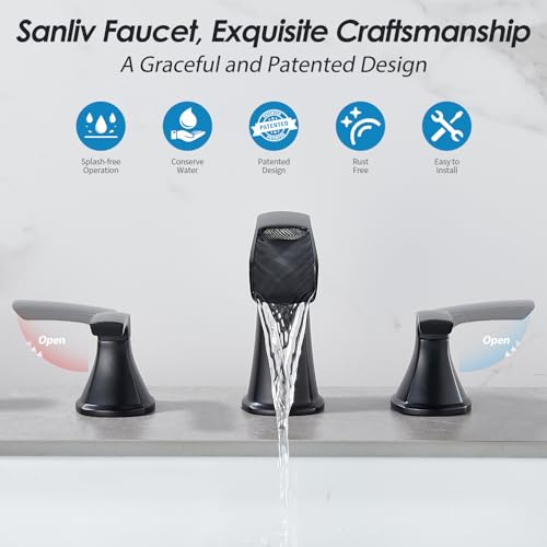 Matte Black Waterfall Bathroom Faucet, Sanliv 3-Piece Widespread Bathroom Sink Faucets, 2-Handle Vanity Faucet for 3-Hole Sinks 4-8 Inch with Pop-Up Drain, ‎Matte Black - color: Matte Black