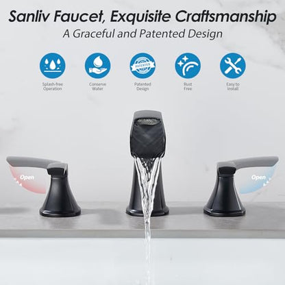 Matte Black Waterfall Bathroom Faucet, Sanliv 3-Piece Widespread Bathroom Sink Faucets, 2-Handle Vanity Faucet for 3-Hole Sinks 4-8 Inch with Pop-Up Drain, ‎Matte Black - color: Matte Black