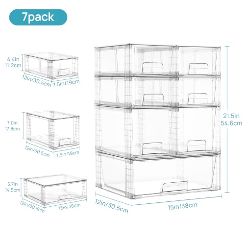 Vtopmart Clear Stackable Storage Drawers, 7 Pack Multi Size Set | Wide, Medium and Small Pull-Out PET Drawers for Flexible Organization, Stackable Storage for Cabinets, Closets, Pantry - style: 1 Wide+2 Medium+4 Small