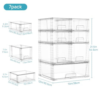 Vtopmart Clear Stackable Storage Drawers, 7 Pack Multi Size Set | Wide, Medium and Small Pull-Out PET Drawers for Flexible Organization, Stackable Storage for Cabinets, Closets, Pantry - style: 1 Wide+2 Medium+4 Small