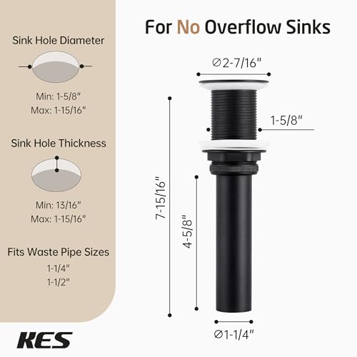 KES Bathroom Sink Grid Drain Without Overflow, Faster Drainage Anti-Clog | Matte Black Vanity & Vessel Drain Strainer, All Metal, Stainless Steel & Brass, S2021D-BK - color: Black
