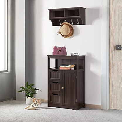 Topeakmart Freestanding Wood Bathroom Floor Cabinet, Espresso | Storage Cabinet with 3 Drawers and Cupboard, for Hallway, Entryway, Living Room, Accent Furniture - color: Espresso