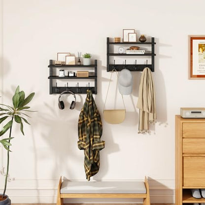 YMYNY Double Shelf Coat Rack Wall Mount with 8 Hooks, Black HWS009B-2 | Wooden Coat Hanger Key Holder Wall Mount for Coats Hats Keys - Wood Wall Mounted Coat Rack with Shelf for Entryway & Bathroom - color: Black