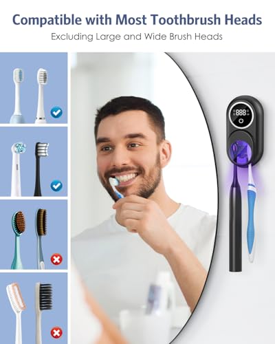 Toothbrush Sanitizer Holder, Upgraded UV Toothbrush Holder with Dual-Mode Clean & Fan Dry, LED Smart Screen, Auto-Inductive Cover, Toothbrush Wall Mounted Cleaner Organizer for Bathroom, Trip - color: Black