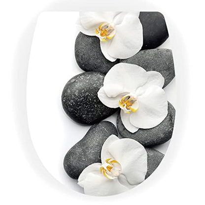 White Plastic Oval Toilet Seat with Quick Release, Top Fixing, Adjustable Hinges, Seagull and Starfish Design, One Size - color: Stone and Flower