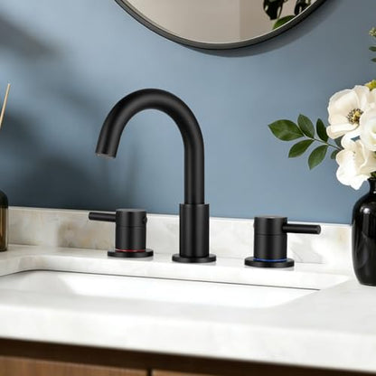 FGKQ 3-Hole 2-Handle Widespread Bathroom Sink Faucet, Matte Black | Stainless steel, pop-up drain included, 360°swivel spout, for vanity sink 3-hole mount, 8-in widespread - color: 1-Black