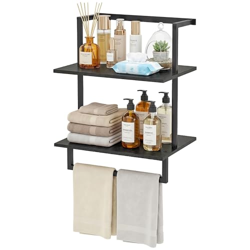 Wall Mounted Towel Rack for Bathroom Black | Bath Storage Holder, 3-Tier 15.7" Wide, Steel Wood Towel Shelf with Bar - color: Black